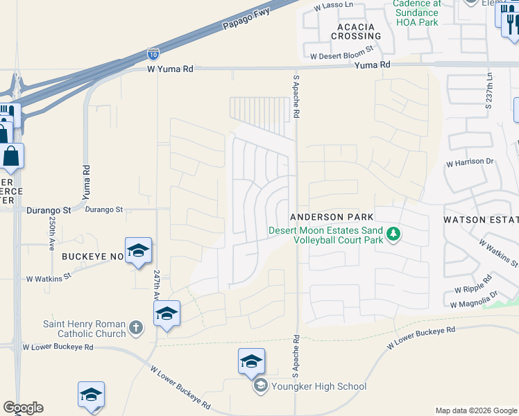 map of restaurants, bars, coffee shops, grocery stores, and more near South Sycamore Drive in Buckeye