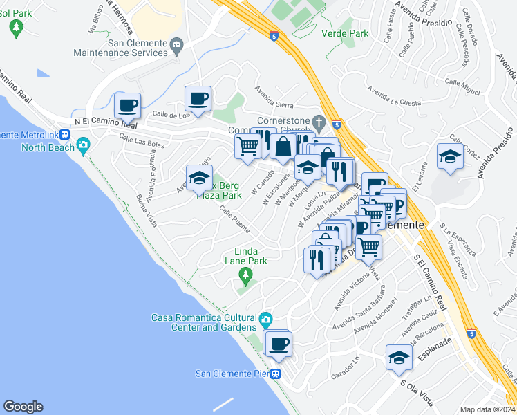 map of restaurants, bars, coffee shops, grocery stores, and more near 144 West Escalones in San Clemente