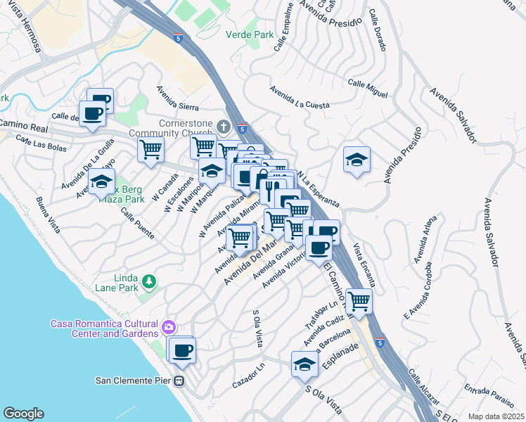 map of restaurants, bars, coffee shops, grocery stores, and more near 116 Avenida Serra in San Clemente