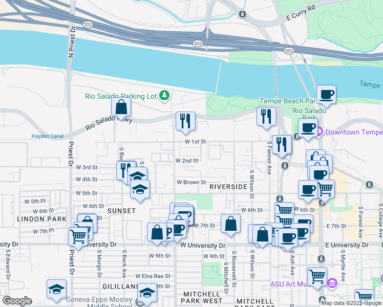 map of restaurants, bars, coffee shops, grocery stores, and more near 128 South Carney Avenue in Tempe