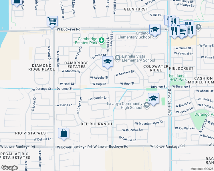 map of restaurants, bars, coffee shops, grocery stores, and more near 11955 West Hopi Street in Avondale