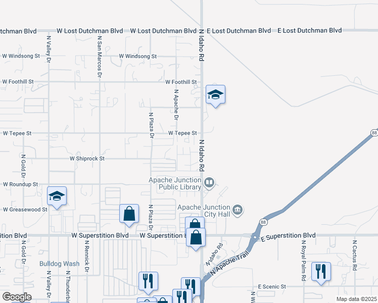 map of restaurants, bars, coffee shops, grocery stores, and more near 121 West Rawhide Street in Apache Junction