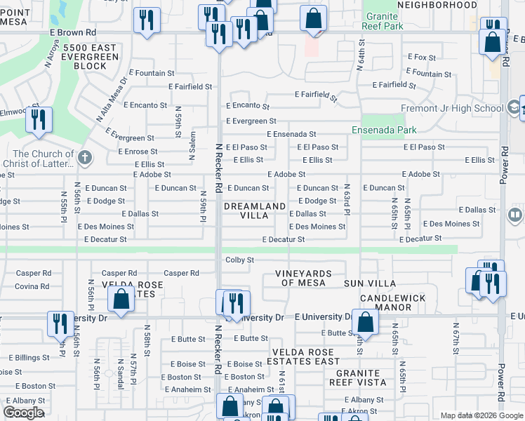 map of restaurants, bars, coffee shops, grocery stores, and more near 6116 East Dodge Street in Mesa