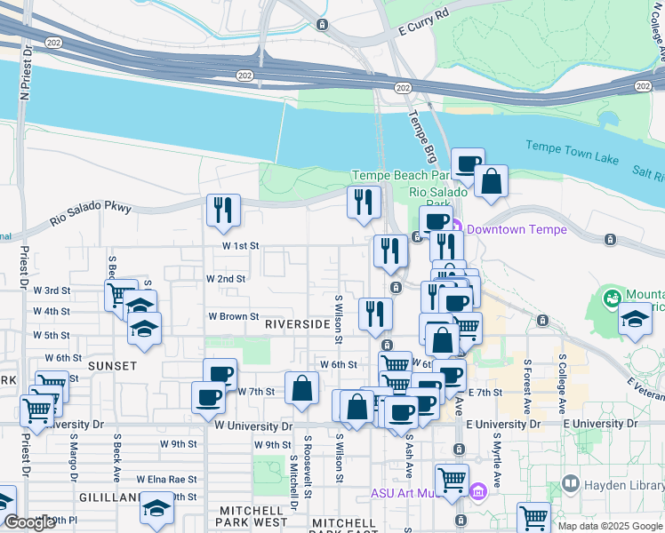 map of restaurants, bars, coffee shops, grocery stores, and more near 513 West 1st Street in Tempe