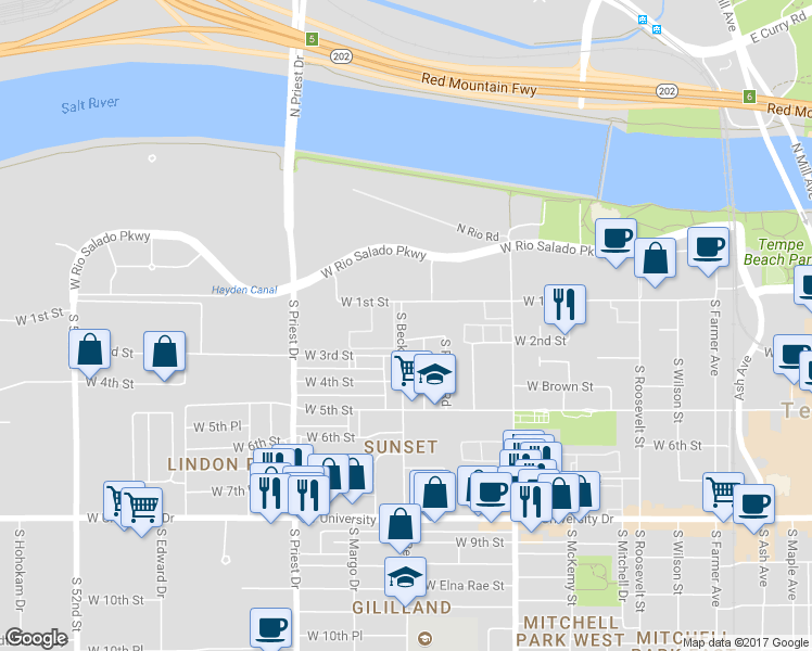 map of restaurants, bars, coffee shops, grocery stores, and more near 16 Apartment in Tempe
