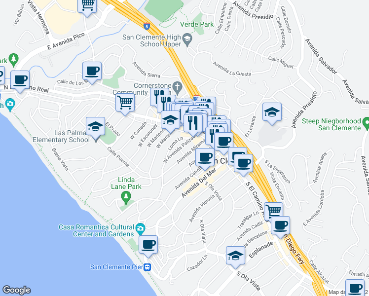 map of restaurants, bars, coffee shops, grocery stores, and more near 109 Loma Lane in San Clemente