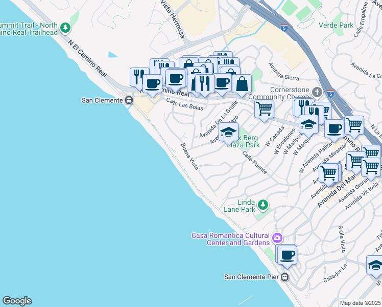 map of restaurants, bars, coffee shops, grocery stores, and more near in San Clemente