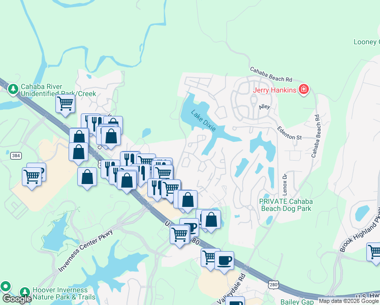 map of restaurants, bars, coffee shops, grocery stores, and more near 1283 Kenley Way in Birmingham