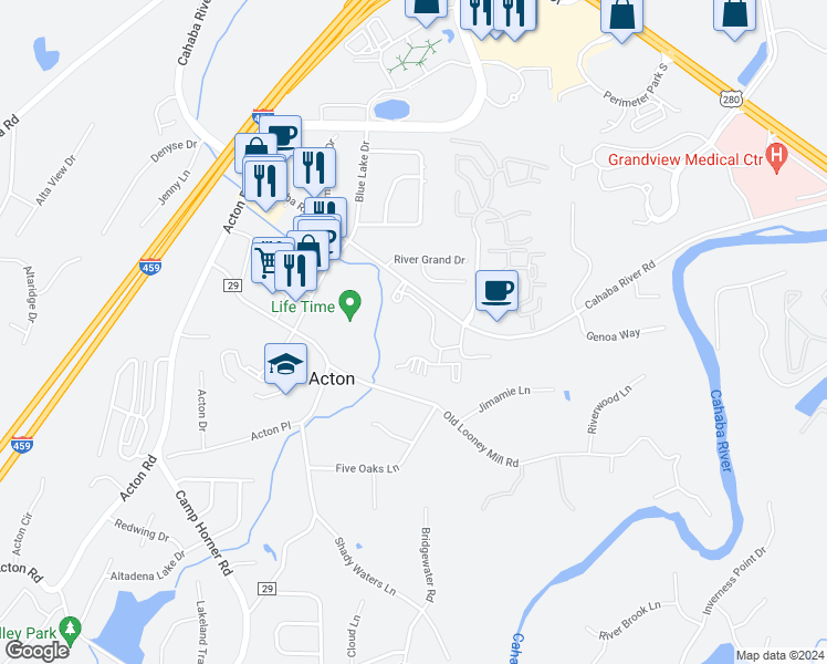 map of restaurants, bars, coffee shops, grocery stores, and more near 4822 Cahaba River Road in Vestavia Hills