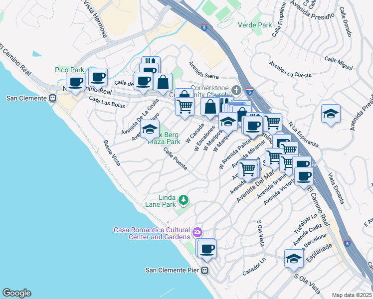 map of restaurants, bars, coffee shops, grocery stores, and more near 139 West Canada in San Clemente
