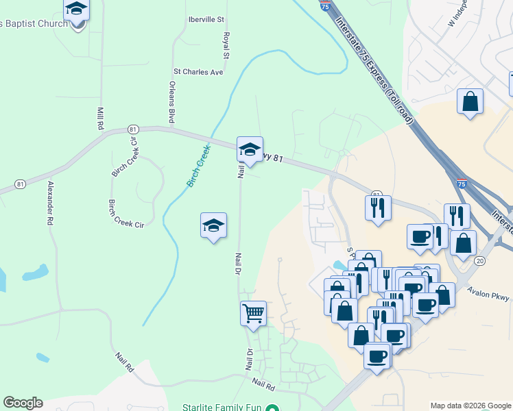 map of restaurants, bars, coffee shops, grocery stores, and more near 551 Highway 81 West in McDonough