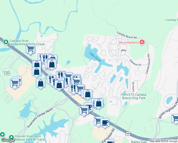 map of restaurants, bars, coffee shops, grocery stores, and more near 1283 Kenley Way in Birmingham