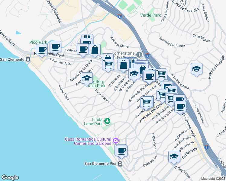 map of restaurants, bars, coffee shops, grocery stores, and more near 142 West Escalones in San Clemente