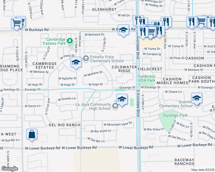 map of restaurants, bars, coffee shops, grocery stores, and more near 11751 West Apache Street in Avondale
