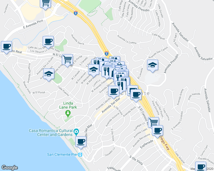 map of restaurants, bars, coffee shops, grocery stores, and more near 140 Avenida Miramar in San Clemente