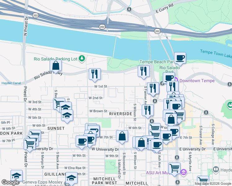 map of restaurants, bars, coffee shops, grocery stores, and more near 606 West 1st Street in Tempe