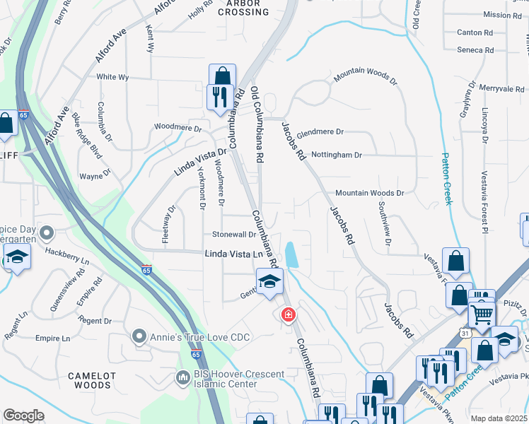 map of restaurants, bars, coffee shops, grocery stores, and more near 1 Berrywood Drive in Vestavia Hills