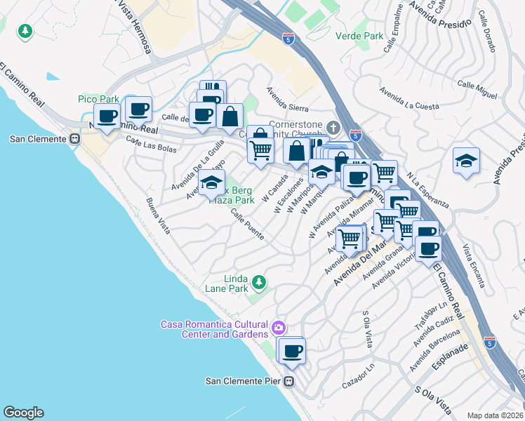 map of restaurants, bars, coffee shops, grocery stores, and more near 139 West Canada in San Clemente