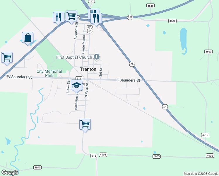 map of restaurants, bars, coffee shops, grocery stores, and more near 405 East Saunders Street in Trenton