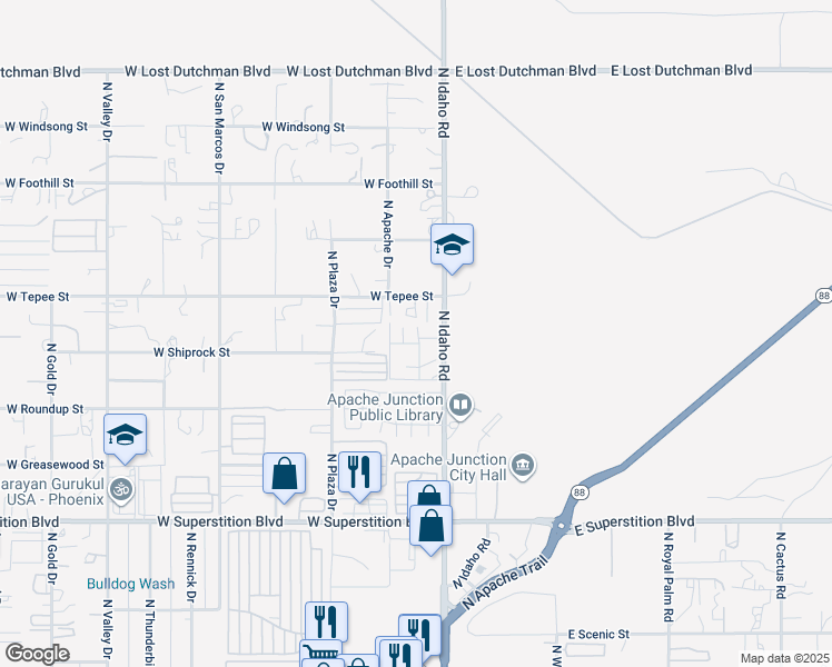 map of restaurants, bars, coffee shops, grocery stores, and more near 121 West Rawhide Street in Apache Junction