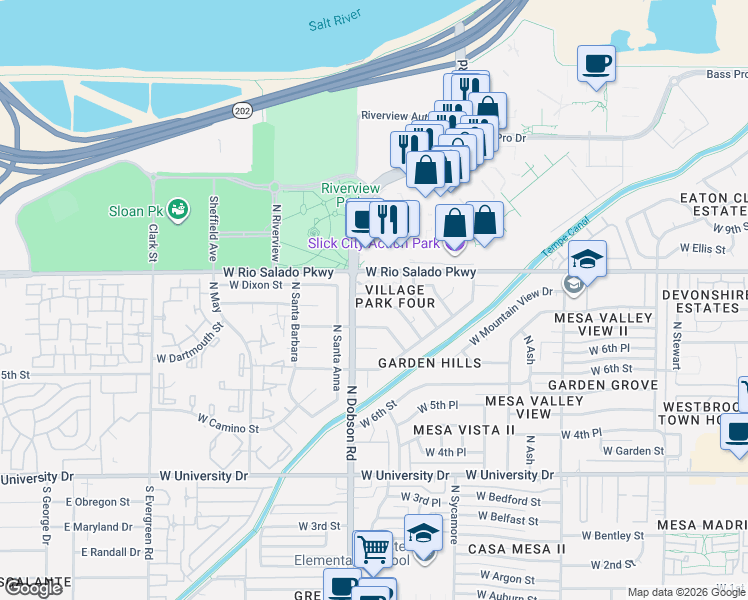 map of restaurants, bars, coffee shops, grocery stores, and more near 8 West Rio Salado Parkway in Mesa