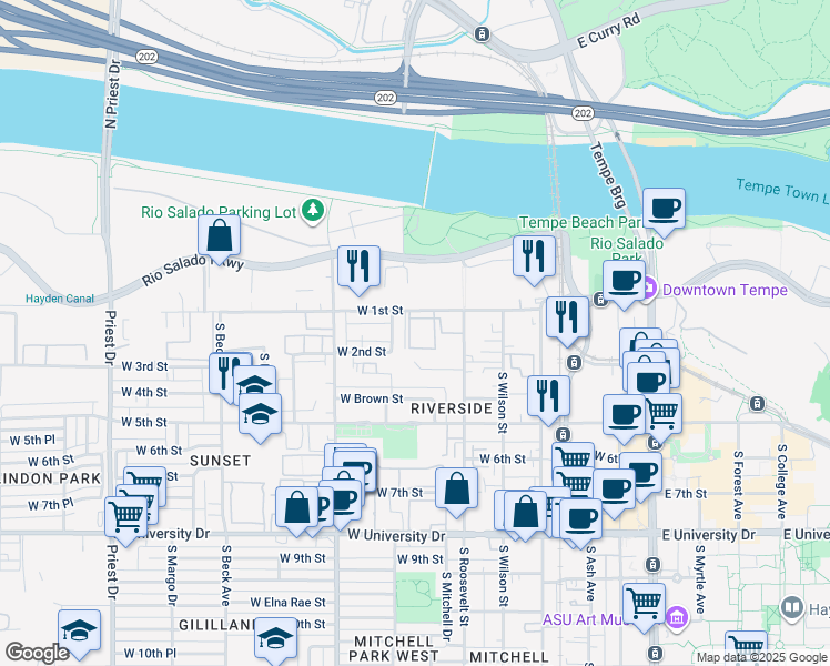 map of restaurants, bars, coffee shops, grocery stores, and more near 706 West 1st Street in Tempe