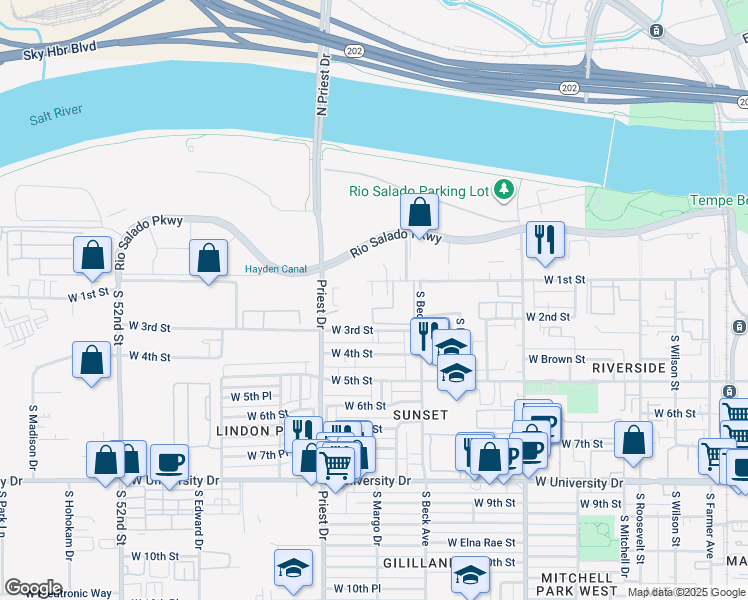 map of restaurants, bars, coffee shops, grocery stores, and more near 1245 West 1st Street in Tempe