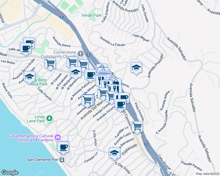 map of restaurants, bars, coffee shops, grocery stores, and more near 111 El Levante in San Clemente