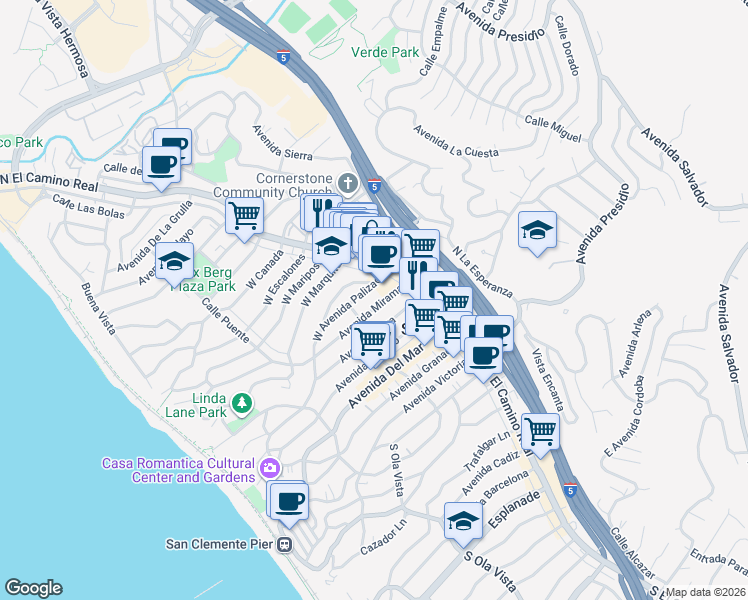 map of restaurants, bars, coffee shops, grocery stores, and more near 109 Loma Lane in San Clemente