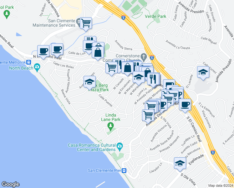 map of restaurants, bars, coffee shops, grocery stores, and more near 129 West Canada in San Clemente