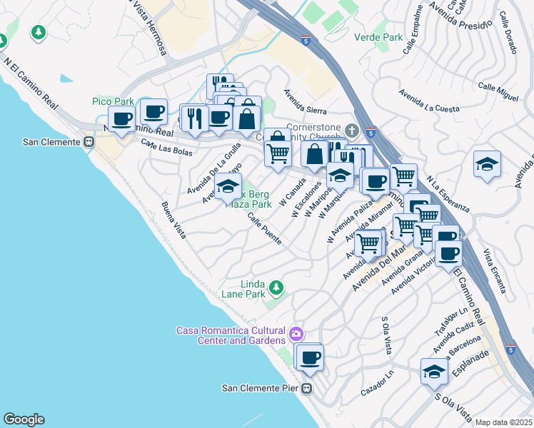 map of restaurants, bars, coffee shops, grocery stores, and more near 161 Avenida Del Poniente in San Clemente
