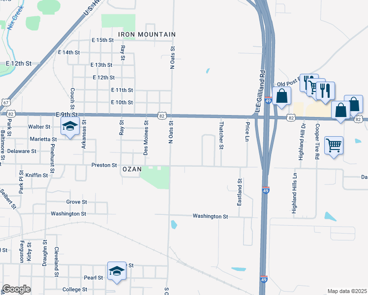 map of restaurants, bars, coffee shops, grocery stores, and more near 600 North Oats Street in Texarkana