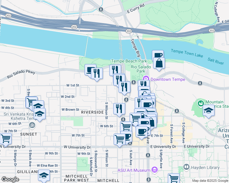 map of restaurants, bars, coffee shops, grocery stores, and more near 202 South Farmer Avenue in Tempe