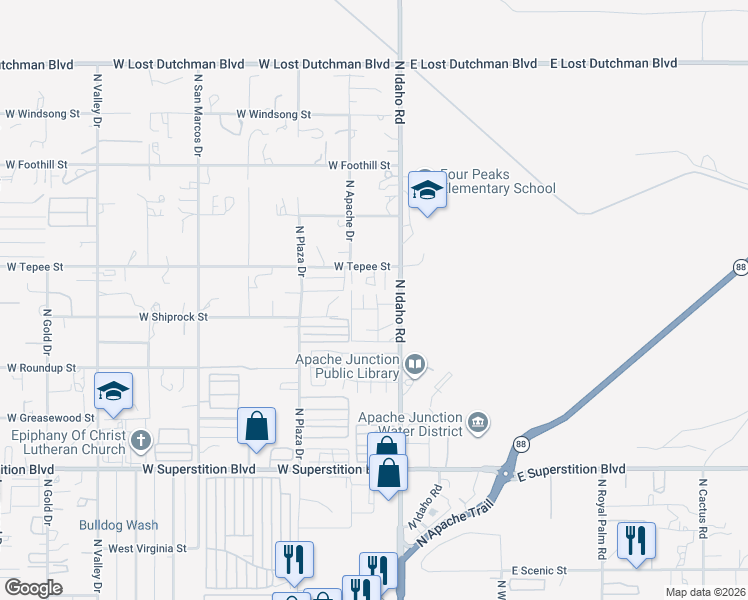 map of restaurants, bars, coffee shops, grocery stores, and more near 1440 North Idaho Road in Apache Junction