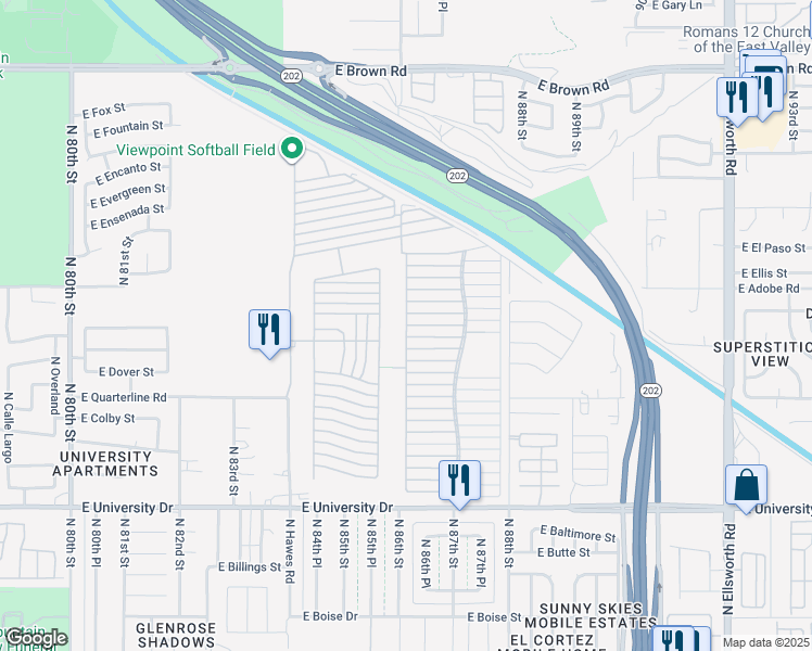 map of restaurants, bars, coffee shops, grocery stores, and more near North Viewpoint Trailer Resort in Mesa