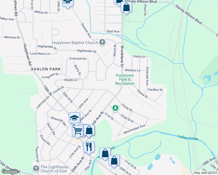 map of restaurants, bars, coffee shops, grocery stores, and more near 2801 Circle Drive in Hueytown