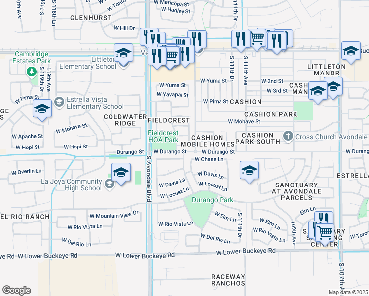map of restaurants, bars, coffee shops, grocery stores, and more near 11367 West Hopi Street in Avondale