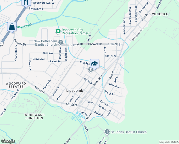 map of restaurants, bars, coffee shops, grocery stores, and more near 5605 10th Street South in Bessemer