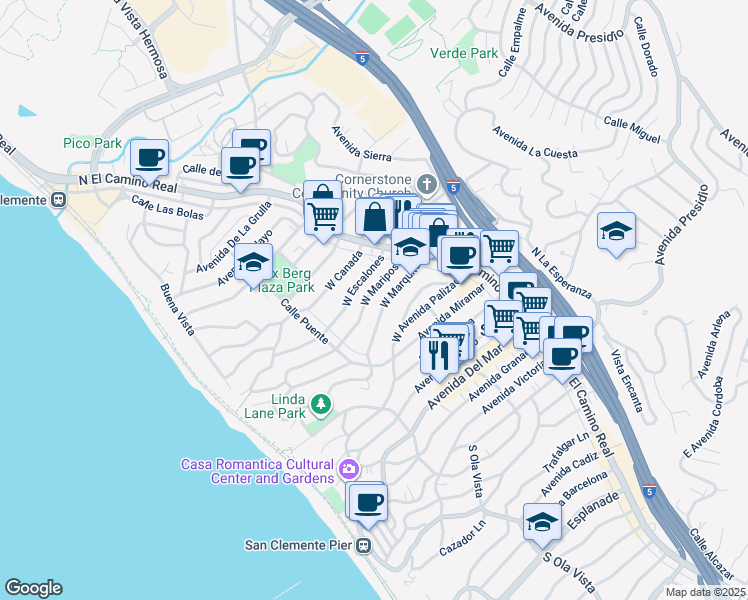 map of restaurants, bars, coffee shops, grocery stores, and more near 131 West Mariposa in San Clemente