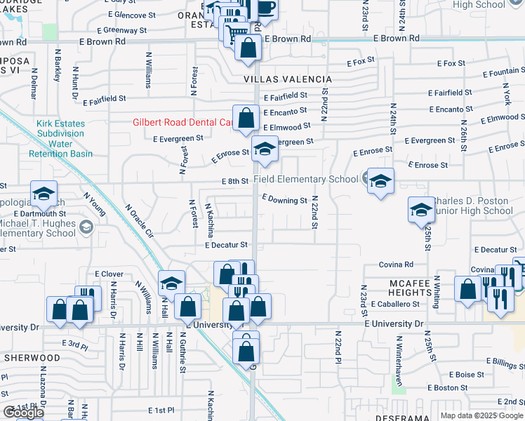 map of restaurants, bars, coffee shops, grocery stores, and more near 2021 East Downing Street in Mesa