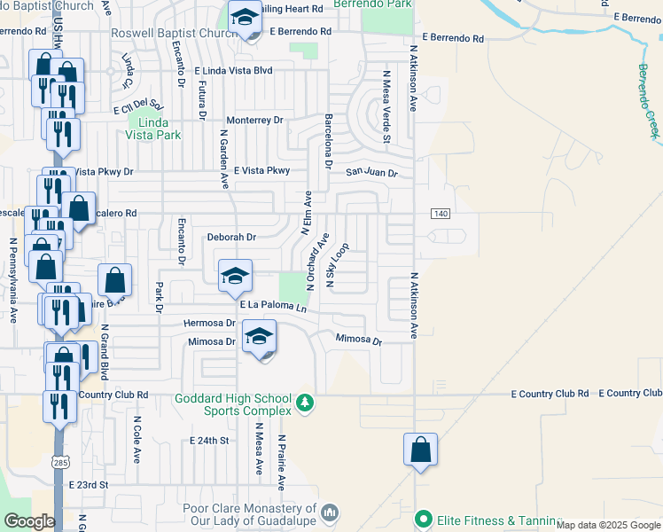 map of restaurants, bars, coffee shops, grocery stores, and more near 12 North Sky Loop in Roswell