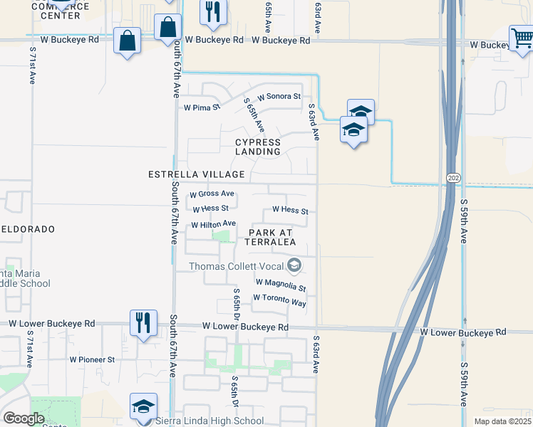 map of restaurants, bars, coffee shops, grocery stores, and more near 6406 West Hess Street in Phoenix