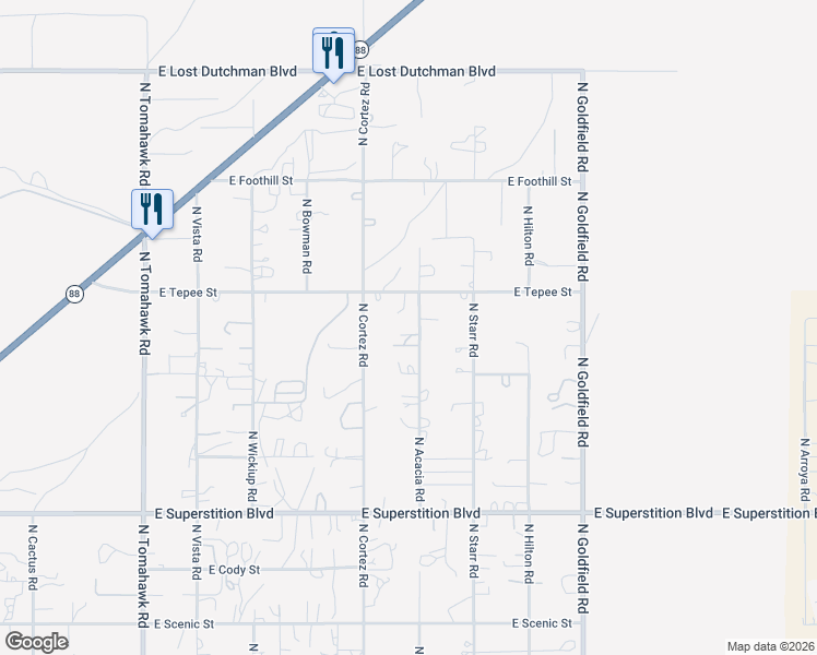 map of restaurants, bars, coffee shops, grocery stores, and more near 2455 East Tepee Street in Apache Junction