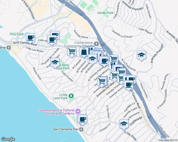 map of restaurants, bars, coffee shops, grocery stores, and more near 107 West Marquita in San Clemente