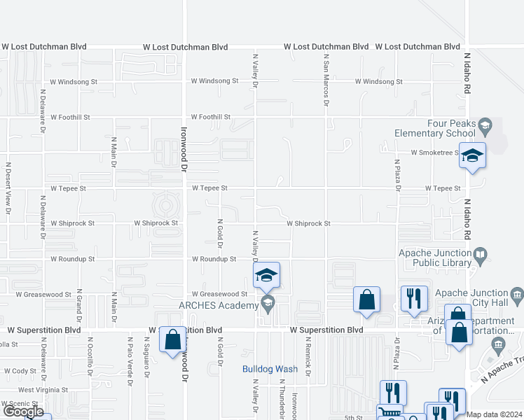 map of restaurants, bars, coffee shops, grocery stores, and more near 1495 North Valley Drive in Apache Junction