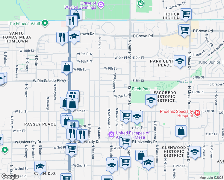 map of restaurants, bars, coffee shops, grocery stores, and more near 111 West 7th Place in Mesa