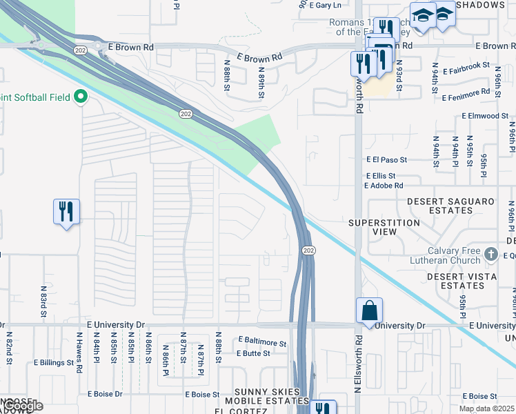 map of restaurants, bars, coffee shops, grocery stores, and more near 8866 East Downing Street in Mesa
