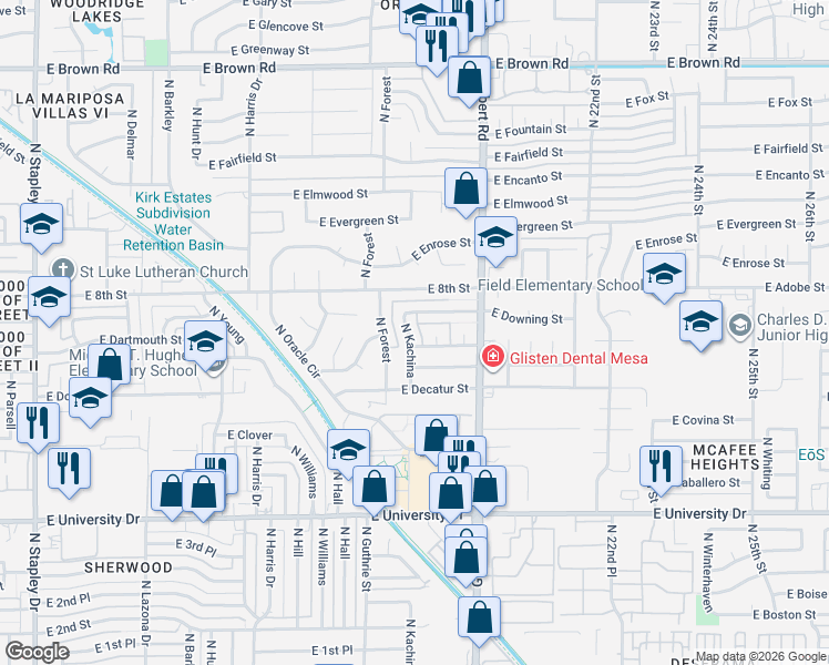 map of restaurants, bars, coffee shops, grocery stores, and more near 1851 East Downing Street in Mesa