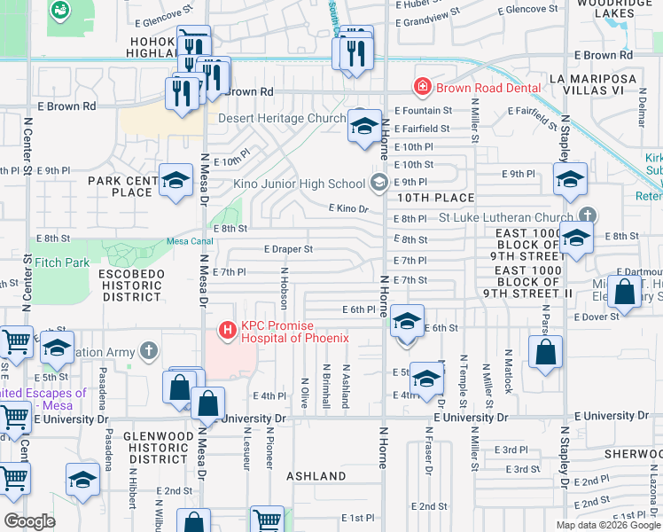 map of restaurants, bars, coffee shops, grocery stores, and more near 713 East Draper Street in Mesa