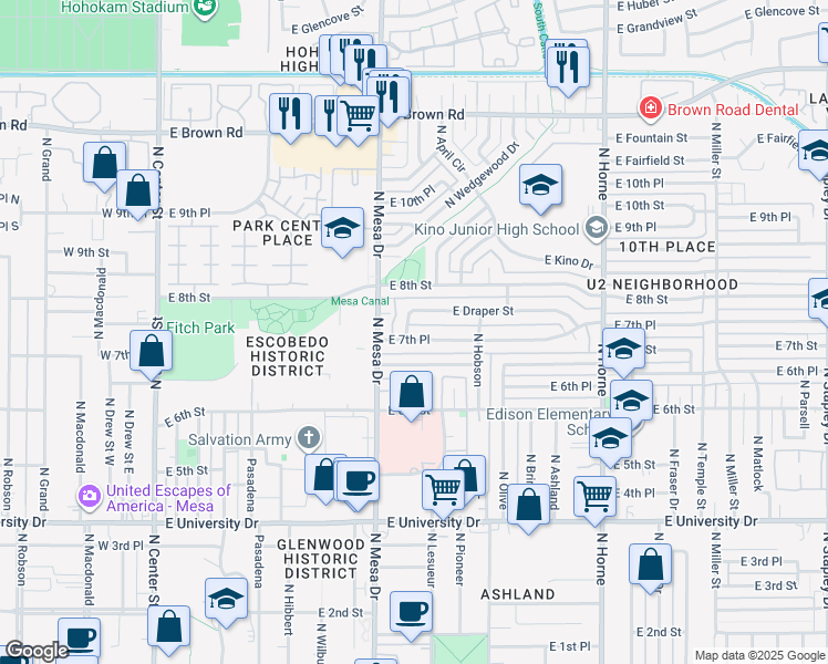 map of restaurants, bars, coffee shops, grocery stores, and more near 420 East Draper Street in Mesa